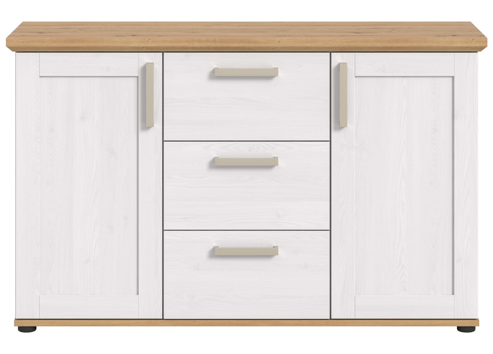 Weißes Sideboard mit drei Schubladen und zwei Türen, Holzoberfläche, Frontalansicht
