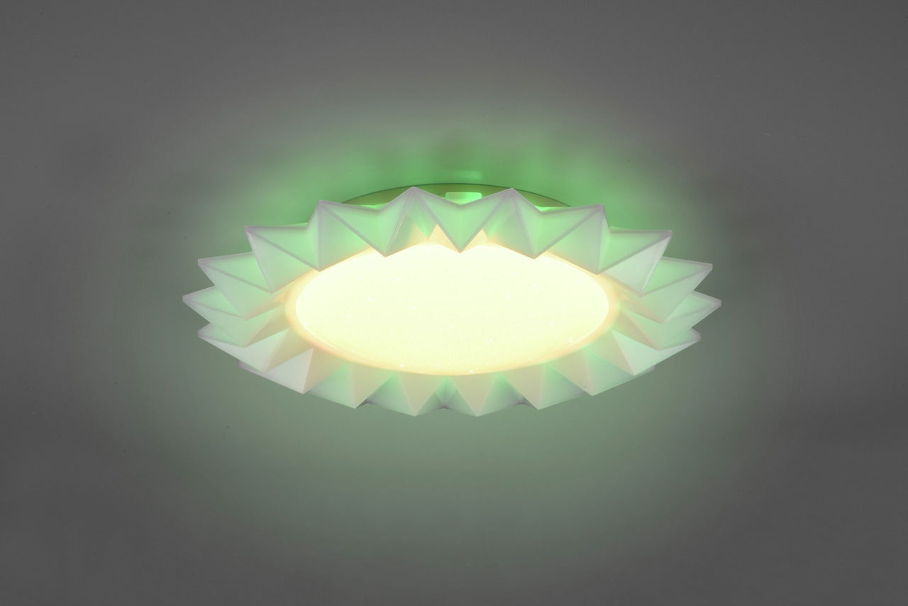 Deckenleuchte LED-DL SUNFLOWER mit sternförmigem Design und grünem Lichtschein, von unten betrachtet.