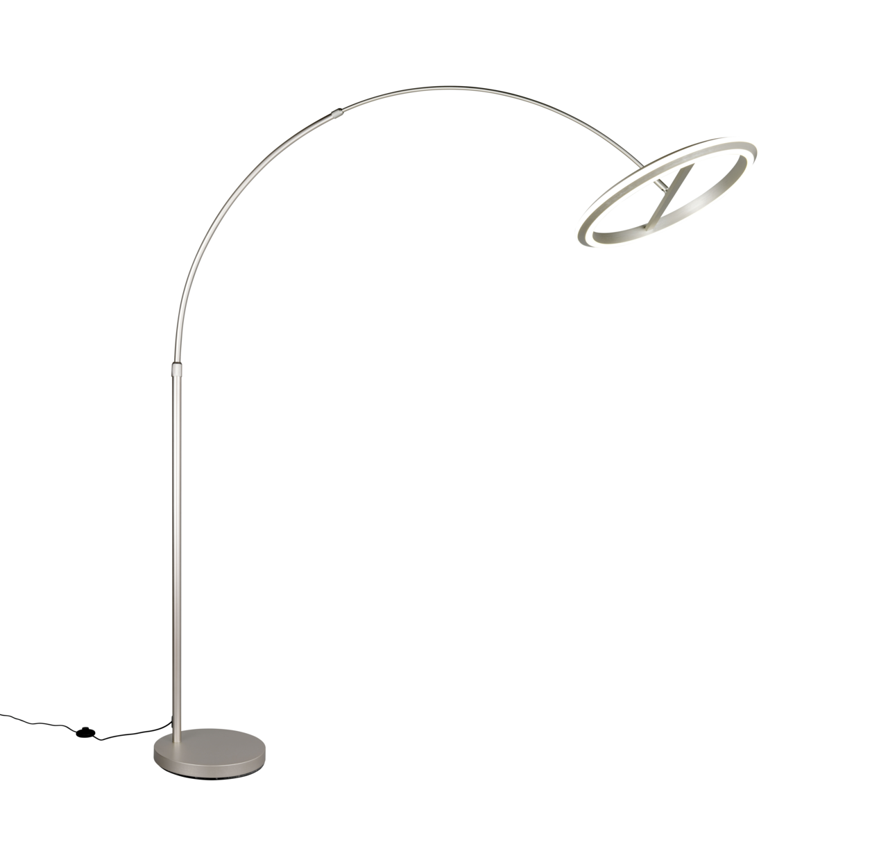 Moderne LED-Bogenleuchte in seitlicher Perspektive mit schlankem, gebogenem Design und rundem Lampenschirm.