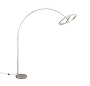 Moderne LED-Bogenleuchte in seitlicher Perspektive mit schlankem, gebogenem Design und rundem Lampenschirm.