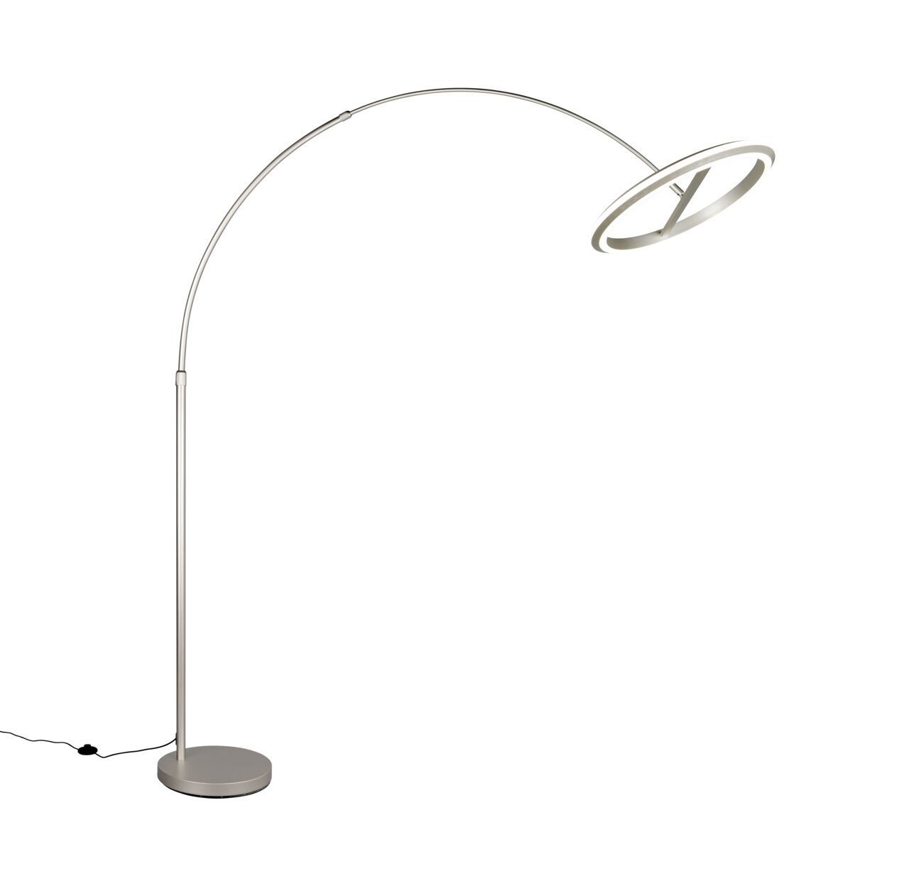 Moderne LED-Bogenleuchte in seitlicher Perspektive mit schlankem, gebogenem Design und rundem Lampenschirm.
