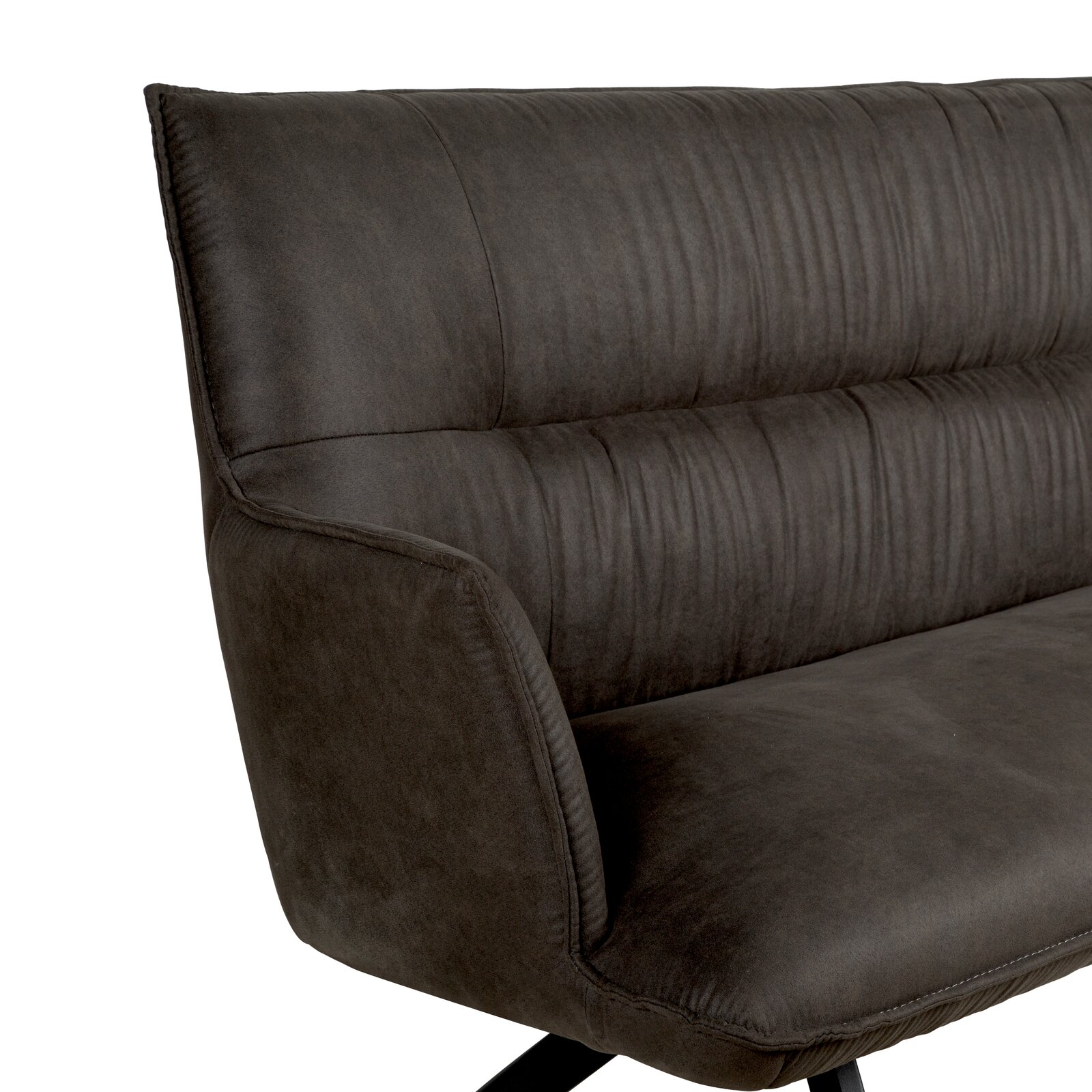 Novel Bank OSAKA Detailaufnahme eines dunkelbraunen Polsterstuhls mit gepolsterter Rückenlehne und Armlehne, seitliche Perspektive (links) auf Sitz und Rückenpolster vor weißem Hintergrund