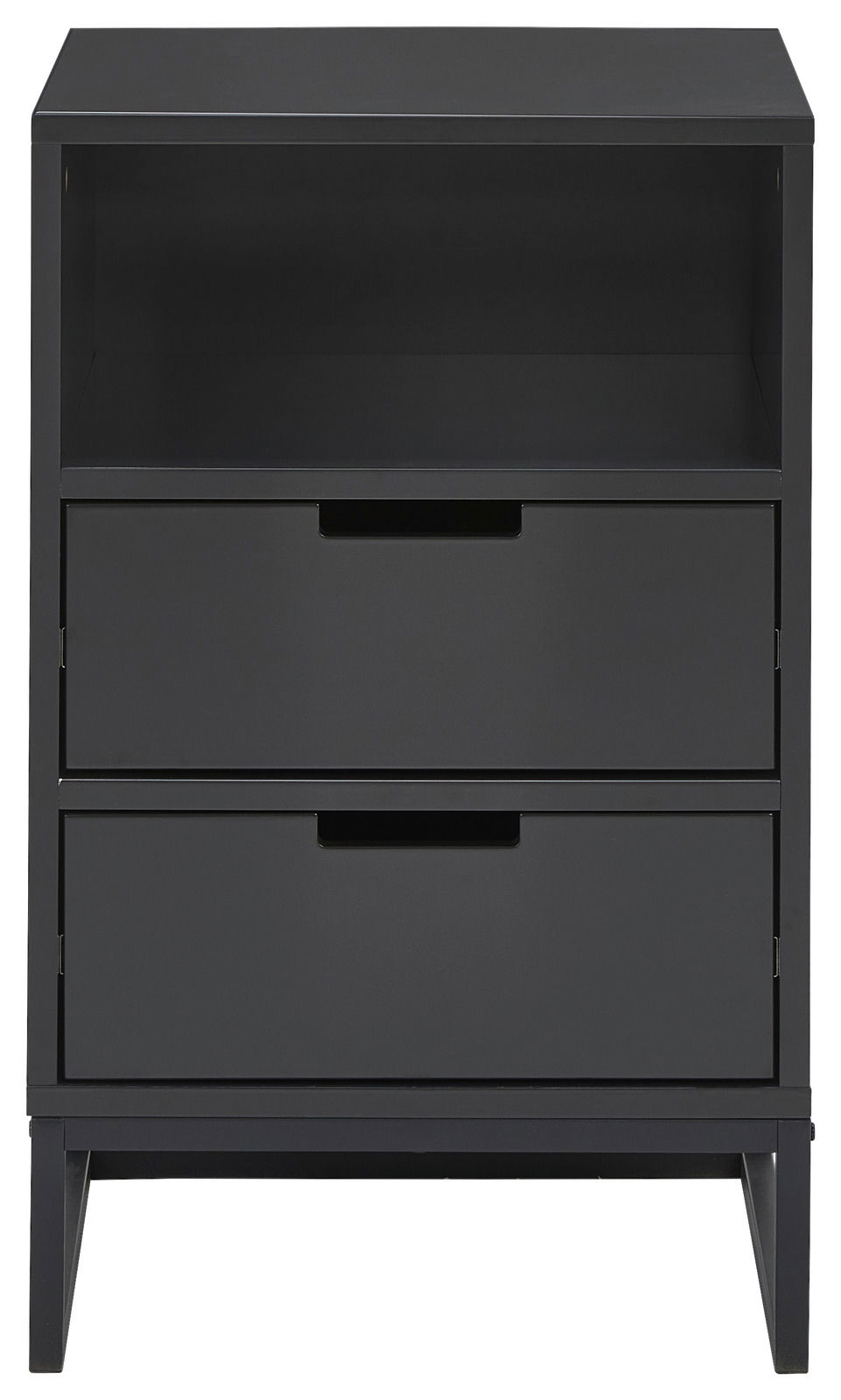 Moderne schwarze Nachtkonsole mit zwei Schubladen und einem offenen Fach, Frontalansicht