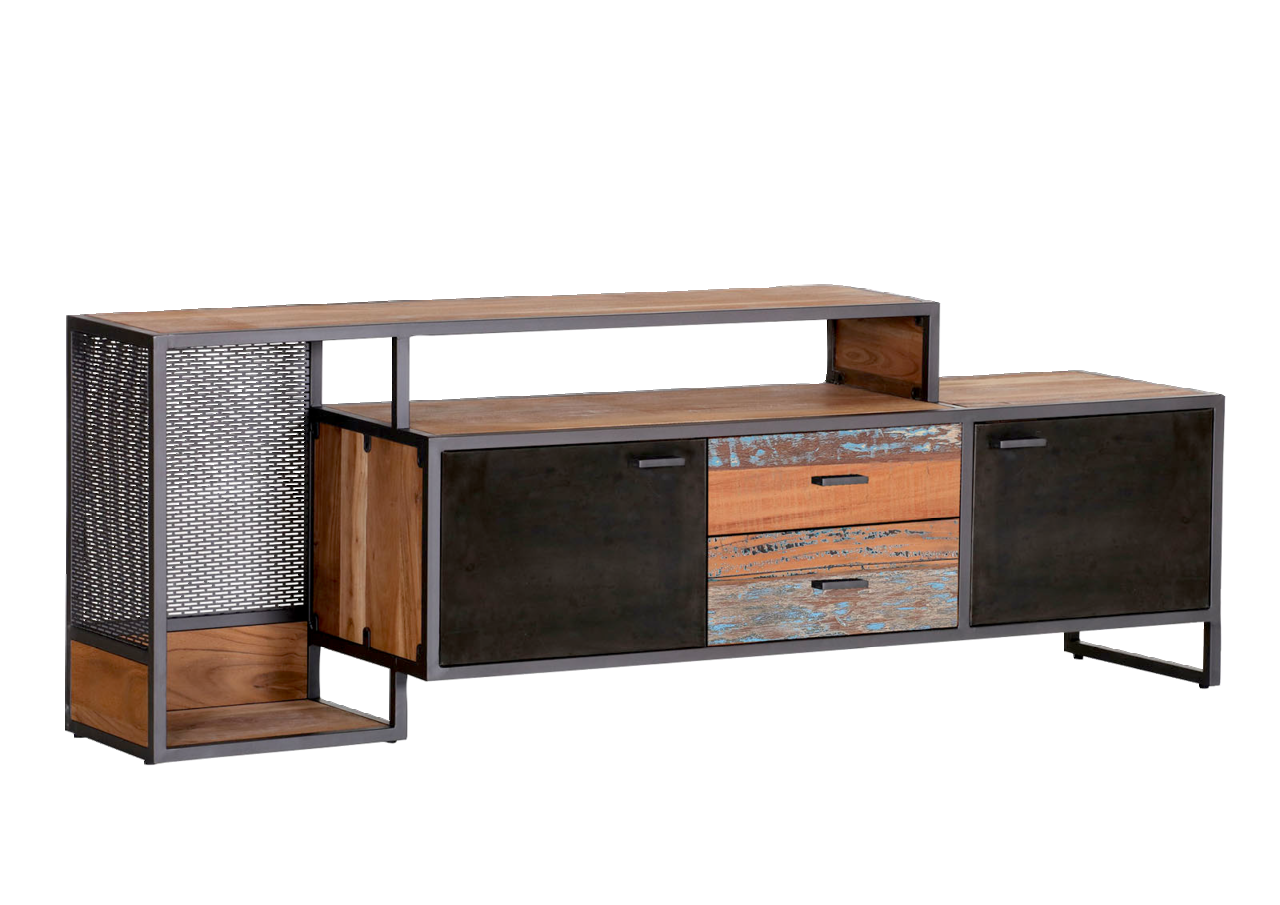 Moderne schwarze Nachtkonsole mit zwei Schubladen und einem offenen Fach, Frontalansicht