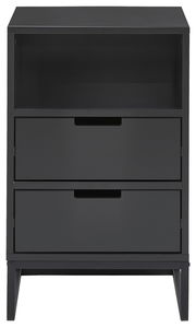 Moderne schwarze Nachtkonsole mit zwei Schubladen und einem offenen Fach, Frontalansicht