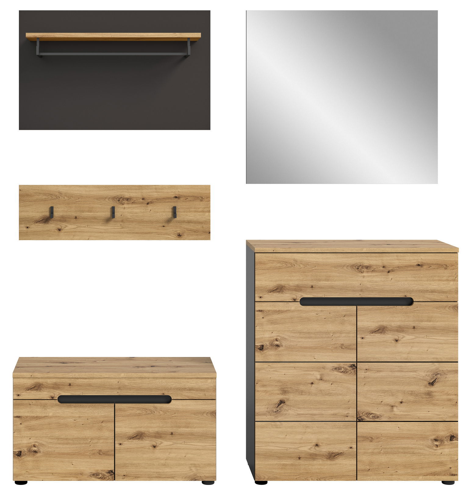 Garderobenkombination in Holzoptik mit Spiegel, Schuhschrank, Wandregal und Hakenleiste, frontal betrachtet.