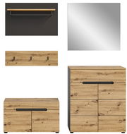 Garderobenkombination in Holzoptik mit Spiegel, Schuhschrank, Wandregal und Hakenleiste, frontal betrachtet.