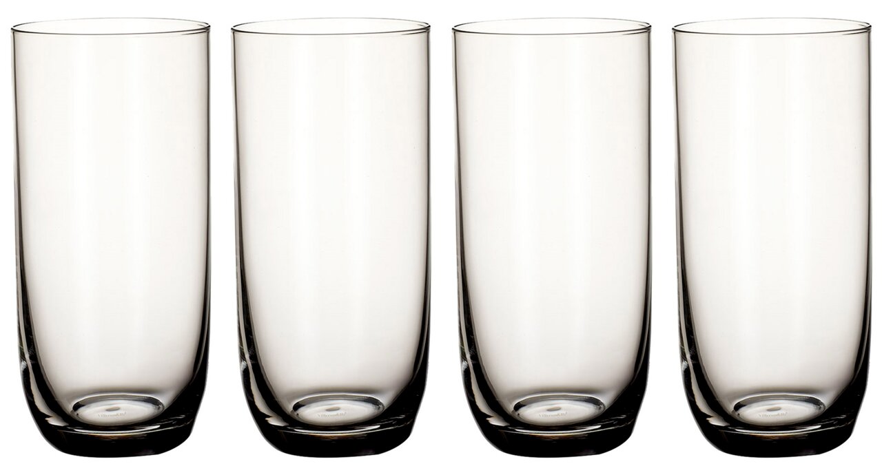 Villeroy & Boch Longdrinkbecher 4er-Set LA DAVINA Vier transparente Longdrinkbecher aus Glas, frontal nebeneinander angeordnet.