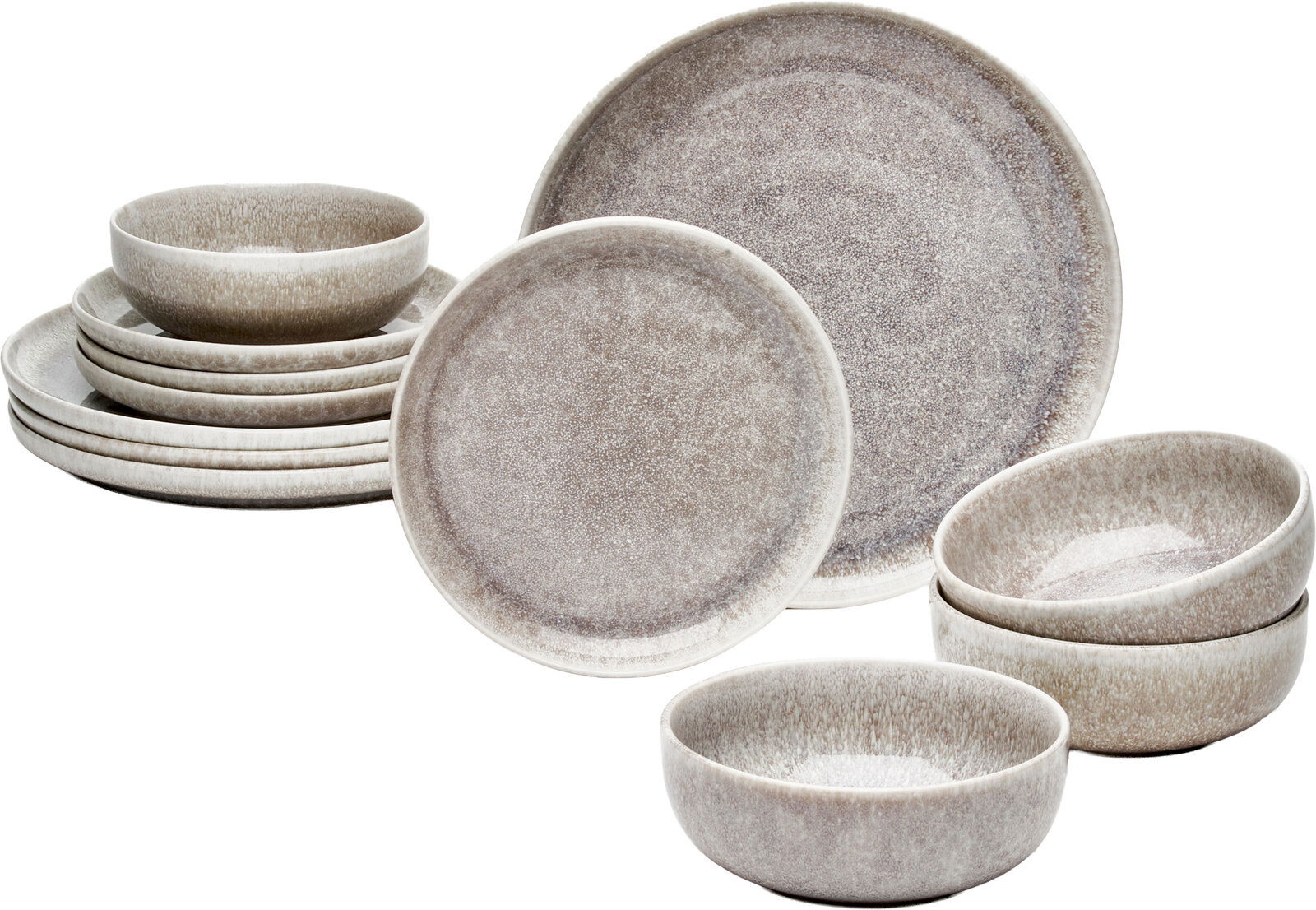 Tellerset 12-tlg. in natürlichem Beige-Ton, bestehend aus flachen und tiefen Tellern sowie Schalen, aus seitlicher Perspektive fotografiert.