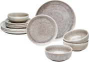 Tellerset 12-tlg. in natürlichem Beige-Ton, bestehend aus flachen und tiefen Tellern sowie Schalen, aus seitlicher Perspektive fotografiert.