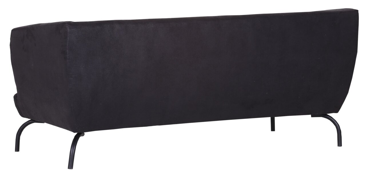 Rückansicht eines schwarzen 3-Sitzer Sofas mit Metallbeinen.