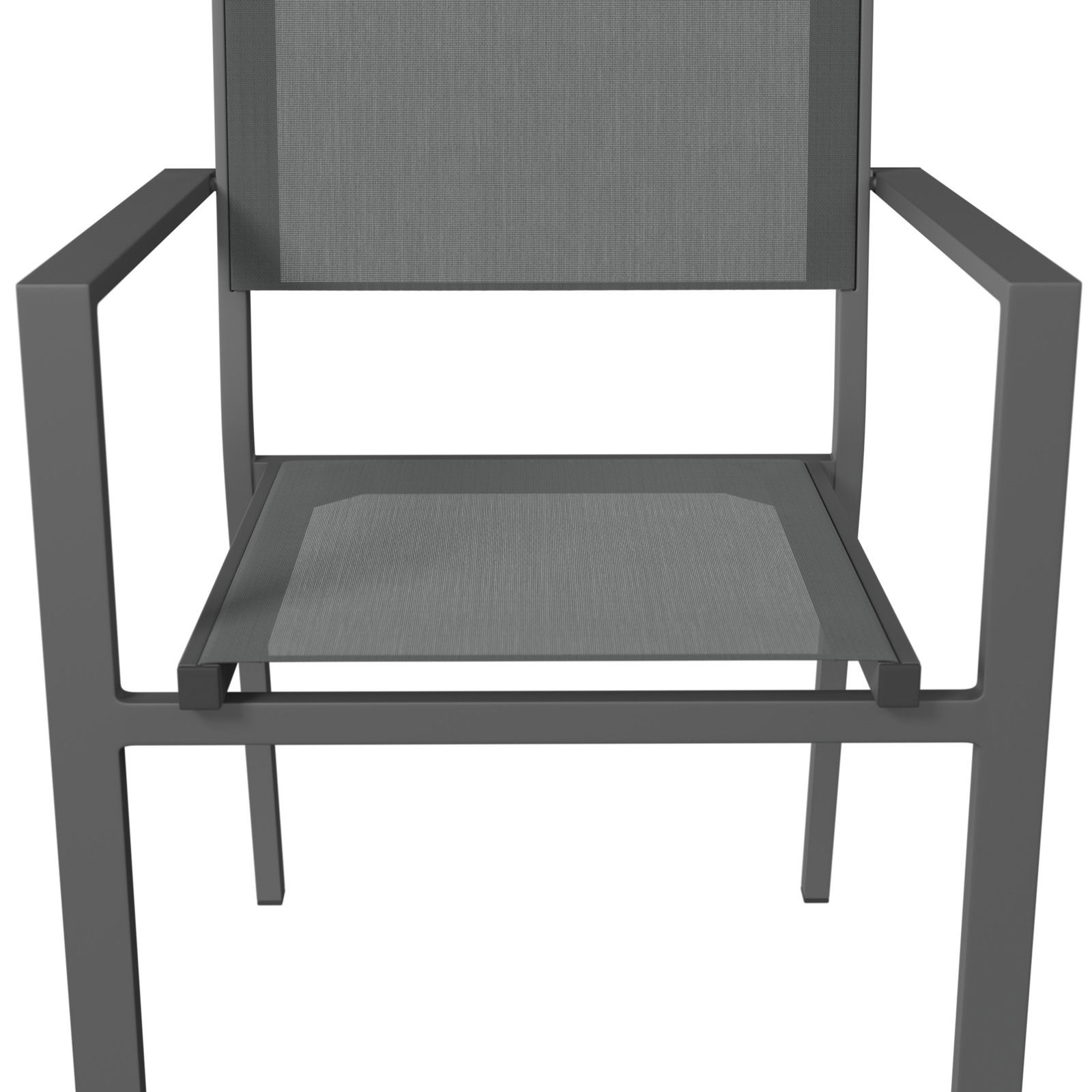 Moderner grauer Stapelsessel aus Metall, Vorderansicht