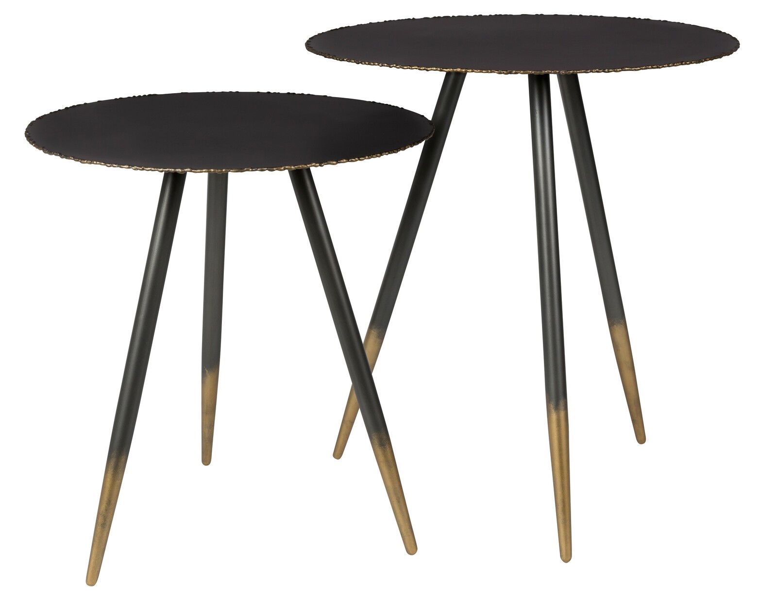 Zwei runde Beistelltische im Set, mit schwarzen Tischplatten und schlanken, konischen Beinen in Schwarz und Gold, seitliche Perspektive.