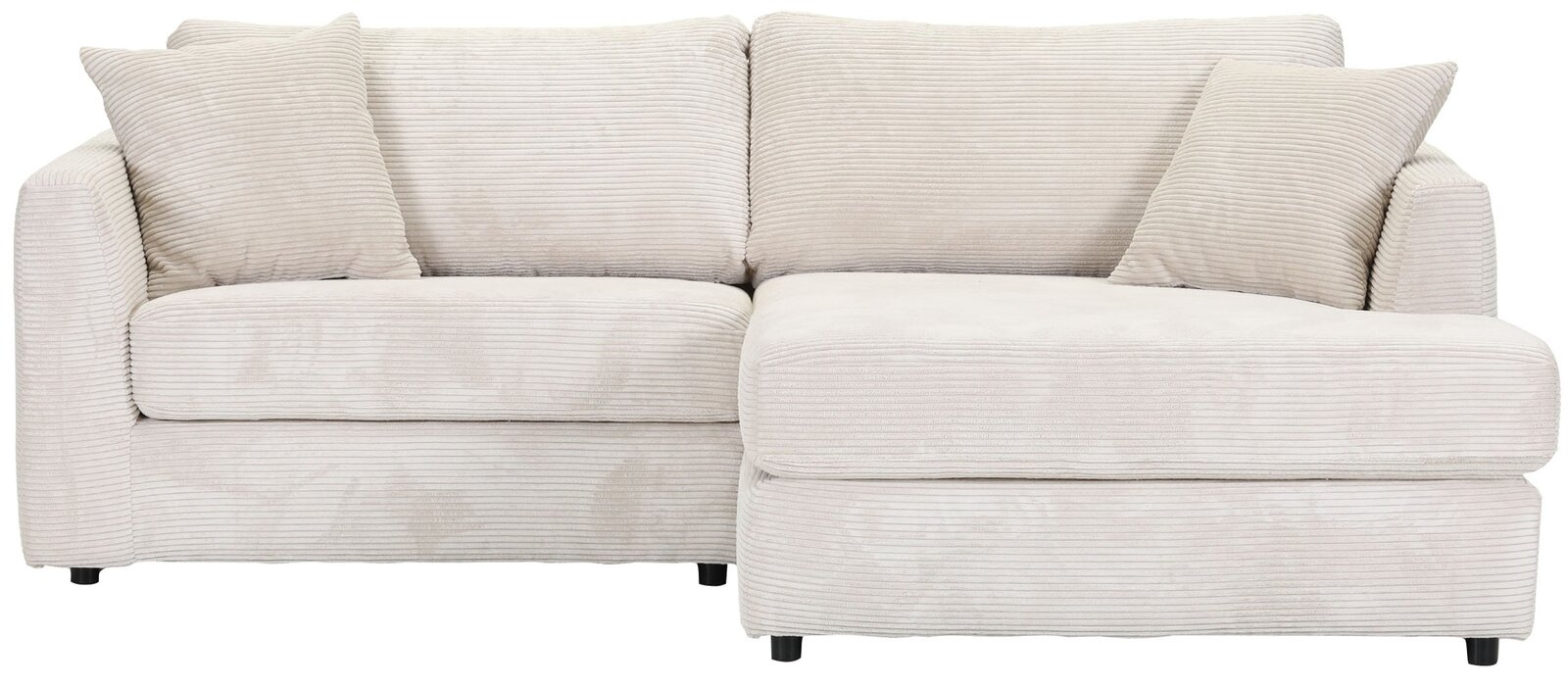 Beige Ecksofa mit zwei Kissen, Vorderansicht