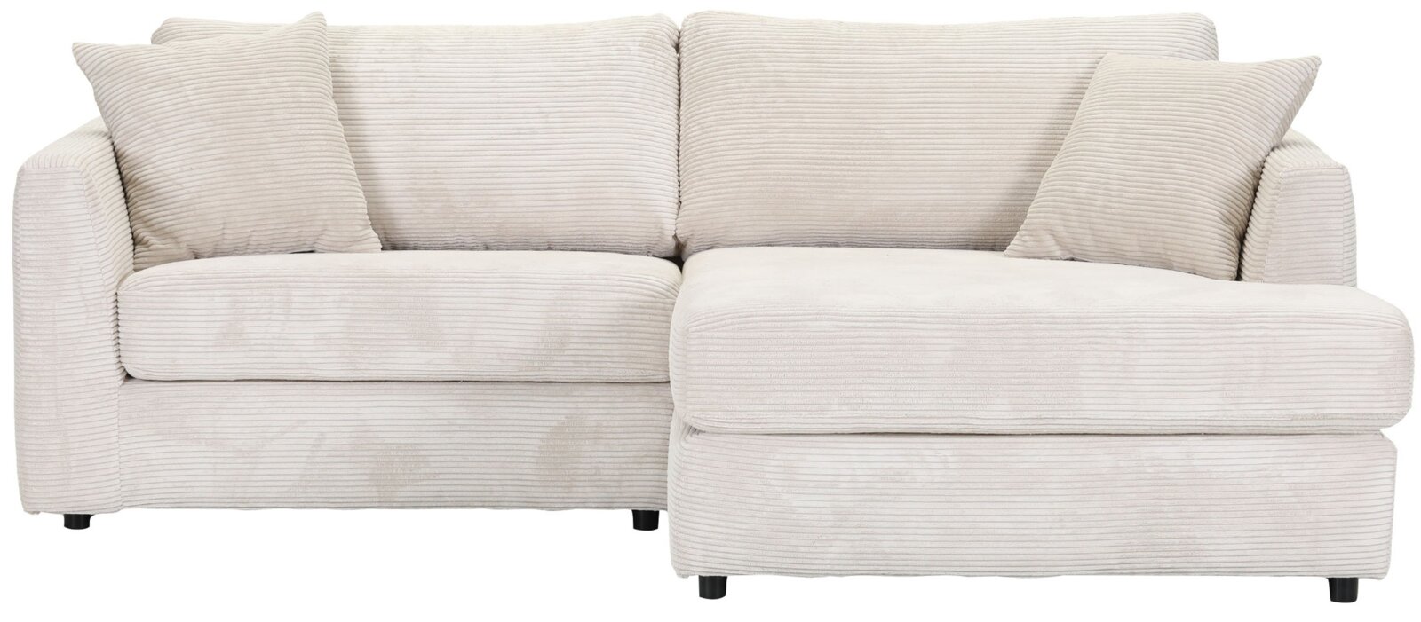 Beige hoekbank met twee kussens, vooraanzicht