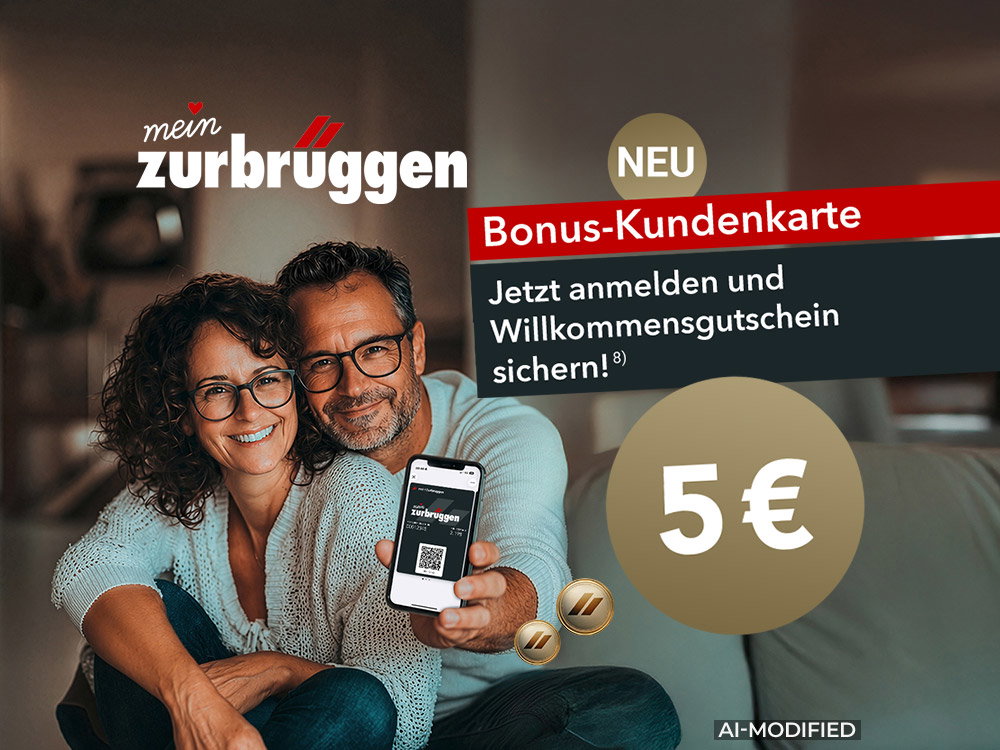 Paar zeigt Zurbrüggen-Bonuskarte auf dem Smartphone; 5 € Willkommensgutschein. AI-modified