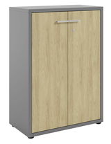 Moderner Aktenschrank mit Holzoptik und grauem Rahmen, Frontalansicht