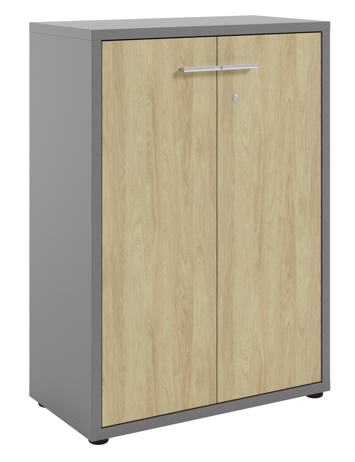 Moderner Aktenschrank mit Holzoptik und grauem Rahmen, Frontalansicht