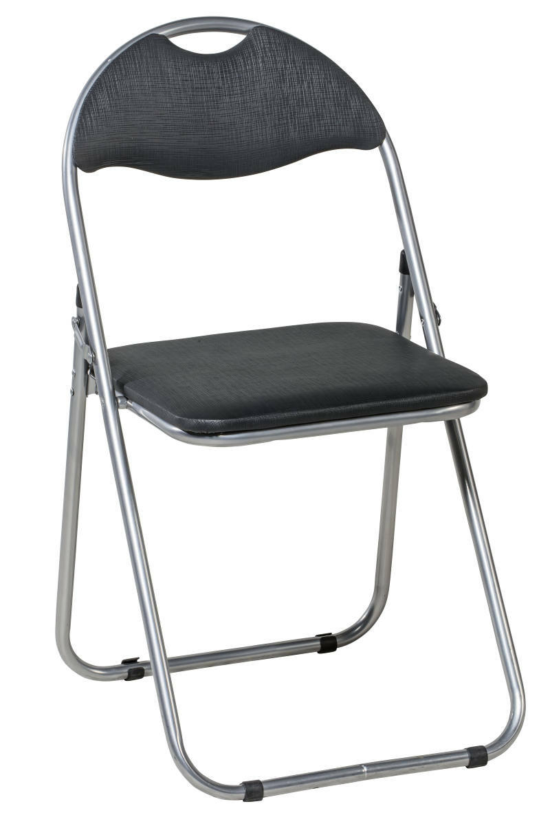 Moderner Klappstuhl mit schwarzem Sitz und Rückenlehne aus Metall, seitliche Perspektive