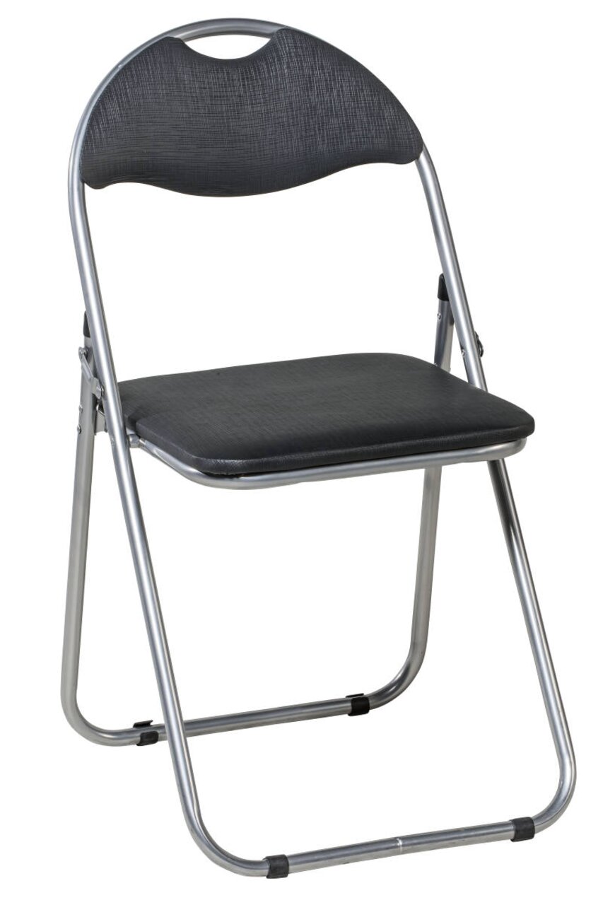 Moderner Klappstuhl mit schwarzem Sitz und Rückenlehne aus Metall, seitliche Perspektive