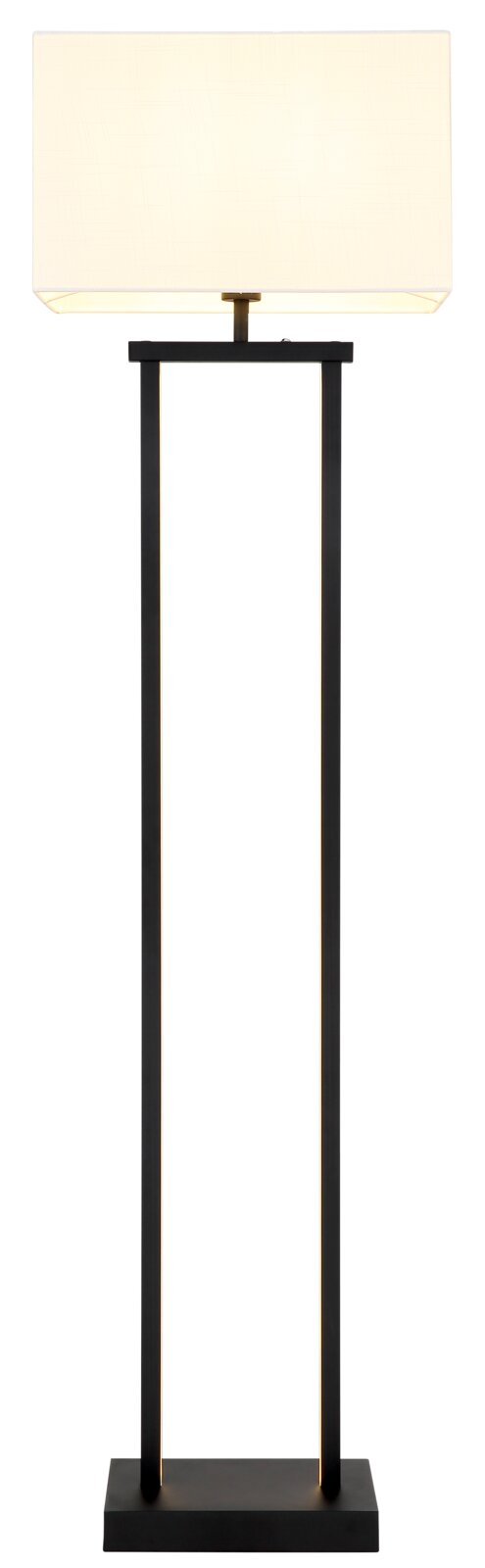 Moderne schwarze Stehleuchte mit rechteckigem Metallrahmen und weißem Stoffschirm, frontal in der Vorderansicht auf weißem Hintergrund