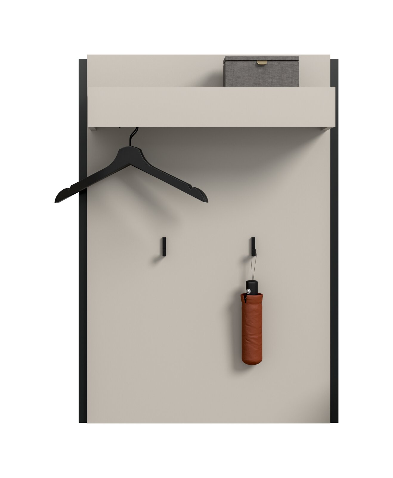 Frontansicht einer minimalistischen Wandgarderobe in Hellgrau mit Ablagefach, Kleiderbügel und Haken, daran ein zusammengefalteter Schirm hängt
