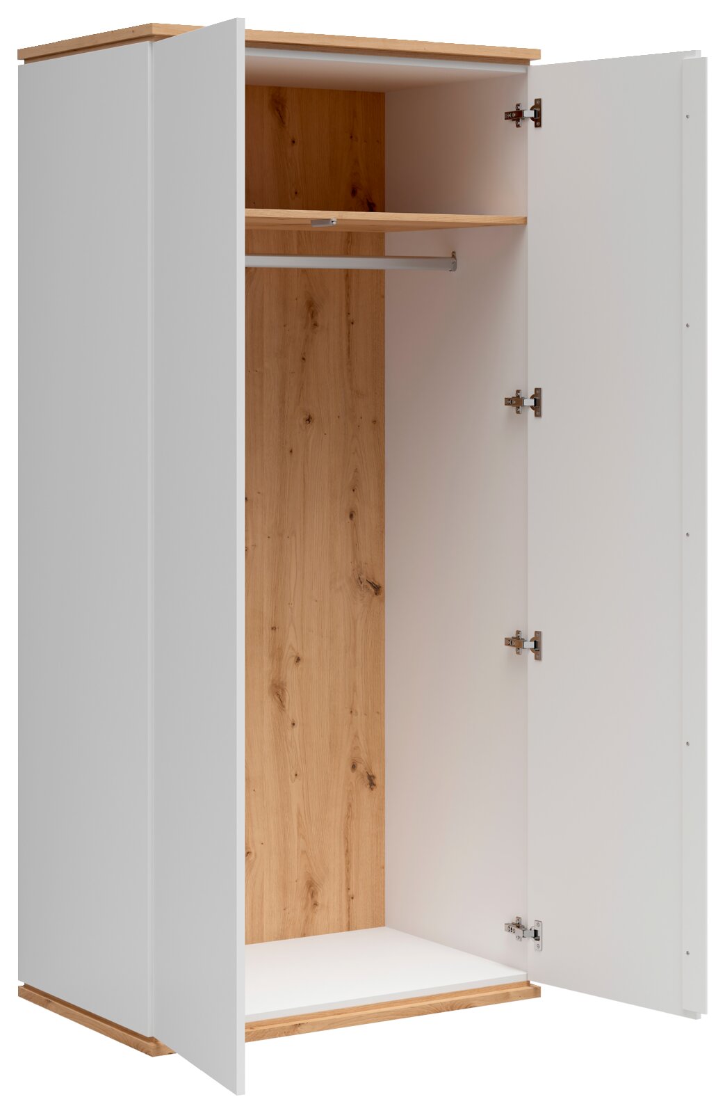 Offener weißer Kleiderschrank mit Holzdekor-Rückwand, Einlegeboden und Kleiderstange, Türen nach rechts geöffnet, perspektivische Frontansicht leicht von links