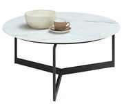 Runder Couchtisch Venjakob ELBA mit weißer Marmorplatte und schwarzem Metallgestell, seitliche Perspektive