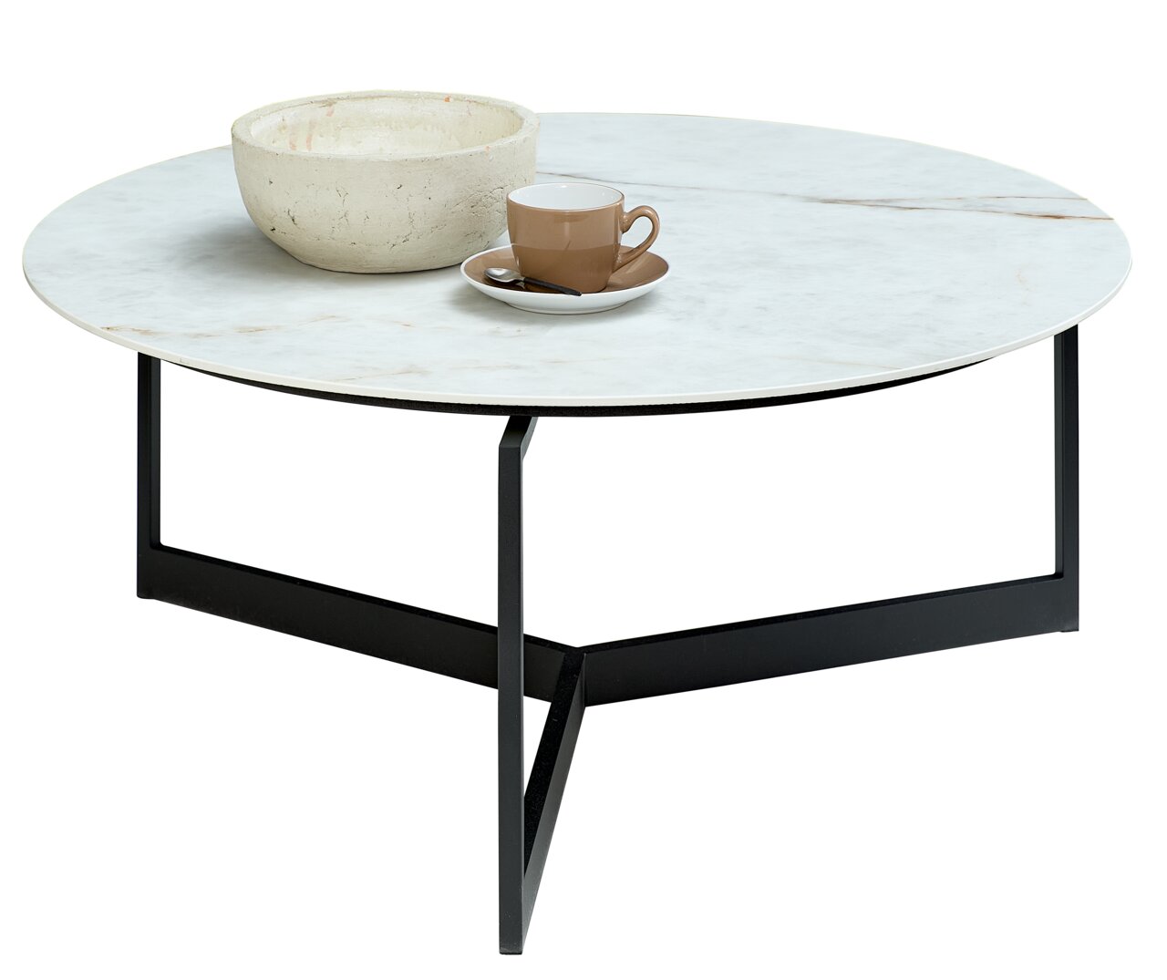 Venjakob Couchtisch ELBA Runder Couchtisch Venjakob ELBA mit weißer Marmorplatte und schwarzem Metallgestell, seitliche Perspektive