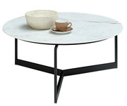 Runder Couchtisch Venjakob ELBA mit weißer Marmorplatte und schwarzem Metallgestell, seitliche Perspektive