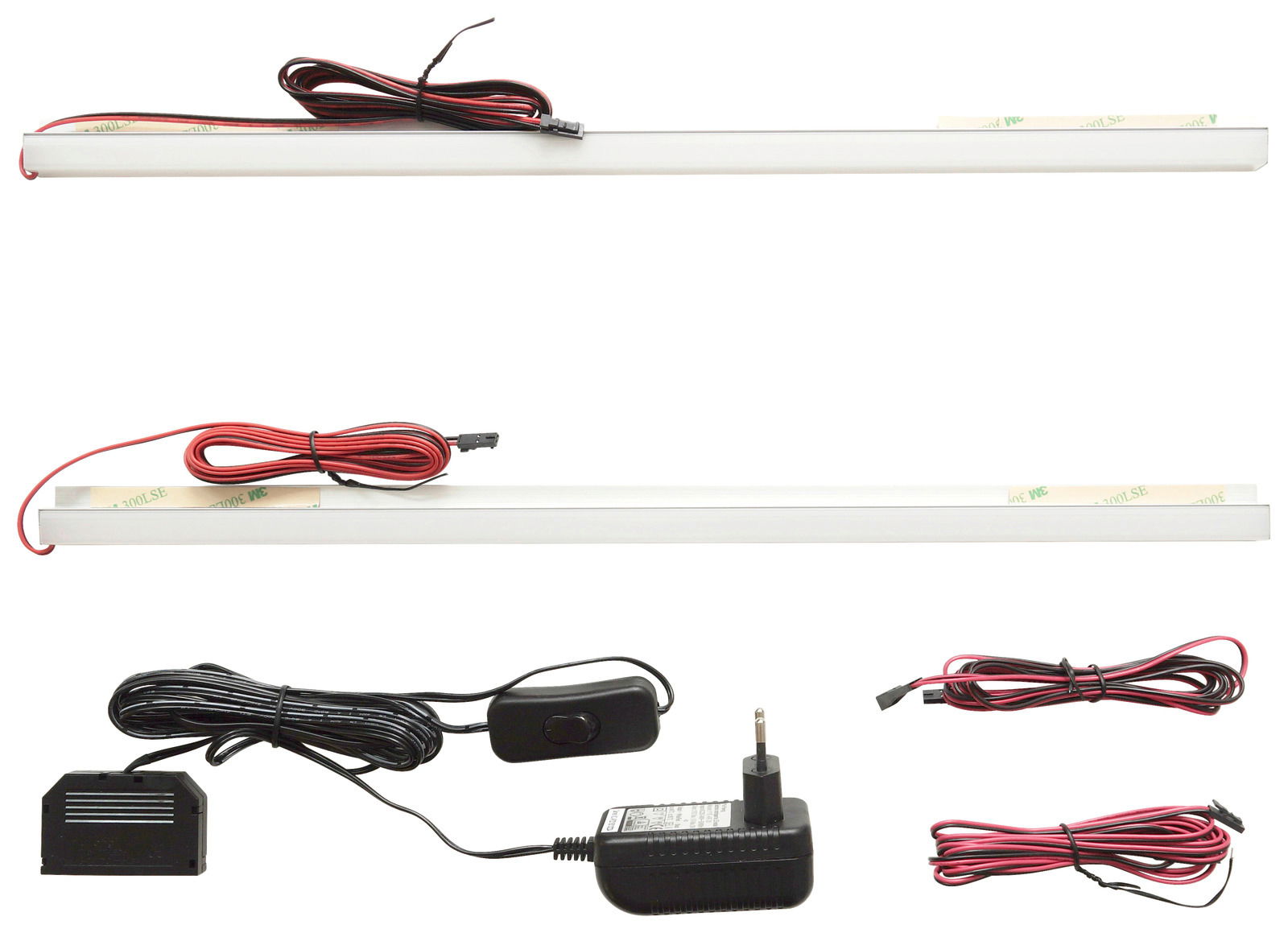 Zwei LED-Lichtleisten mit Kabeln und Netzteil, Ansicht von oben