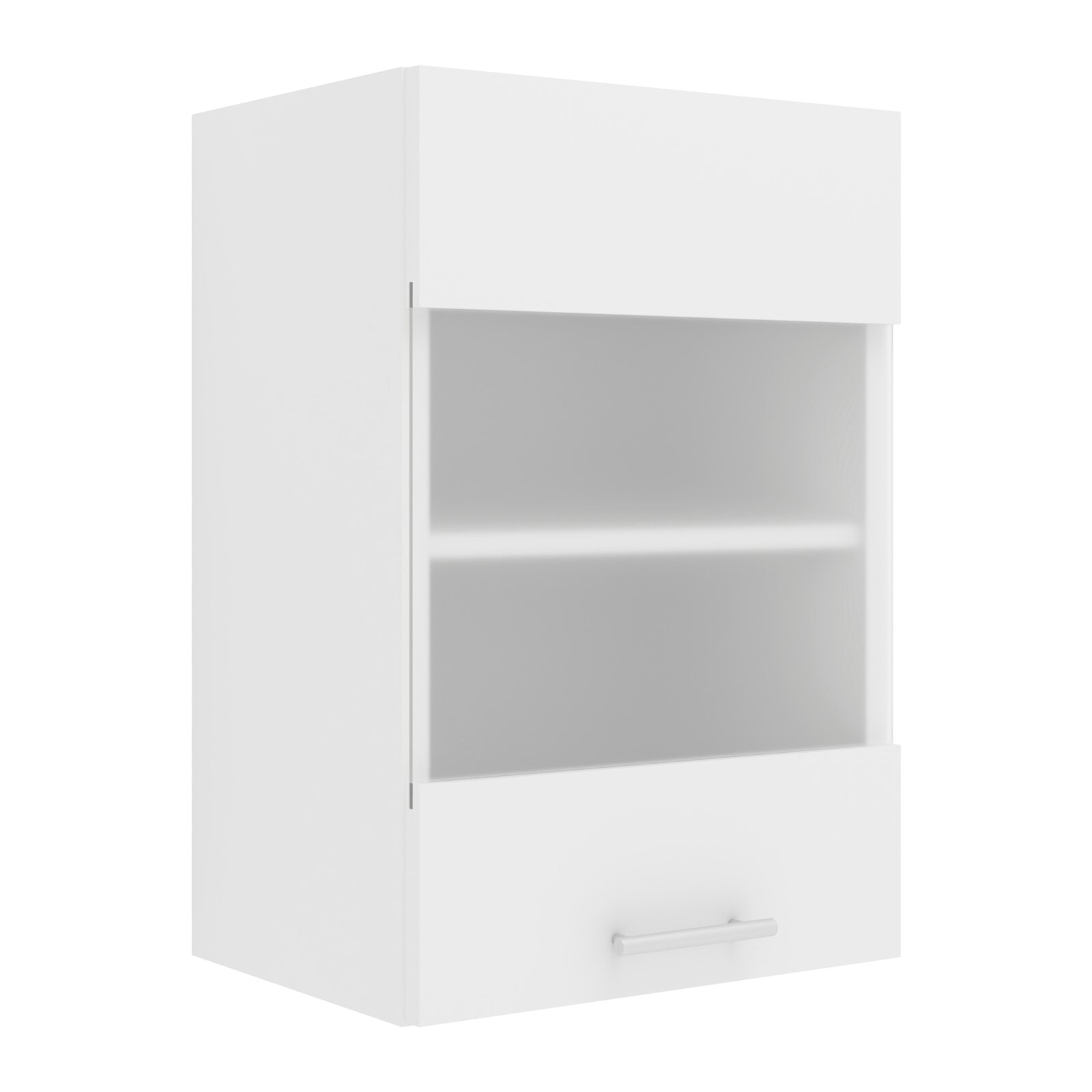 VCM Hängeschrank ESILO Weißer Hängeschrank/Wandschrank mit offenem Regalfach, zwei Einlegeböden und unterer Klapptür mit Griff, freigestellt; Ansicht schräg von vorn links.