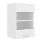 Weißer Hängeschrank/Wandschrank mit offenem Regalfach, zwei Einlegeböden und unterer Klapptür mit Griff, freigestellt; Ansicht schräg von vorn links.