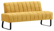 Gelbe 2er-Sitzbank mit vertikaler Steppung und schwarzen Metallbeinen, seitliche Perspektive