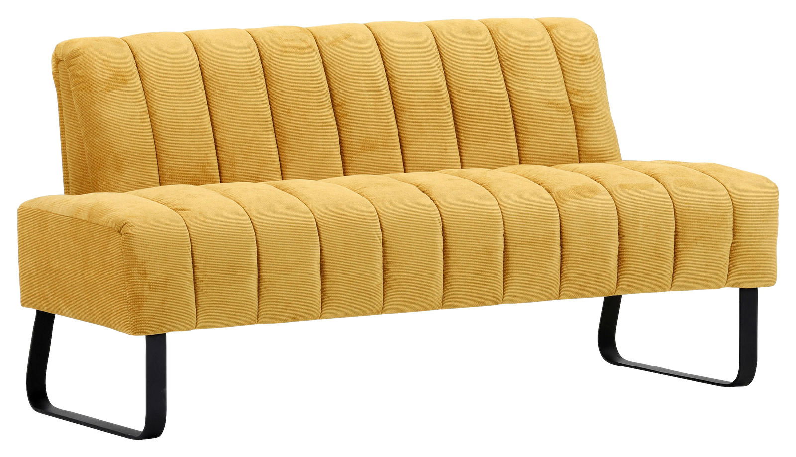 Gelbe 2er-Sitzbank mit vertikaler Steppung und schwarzen Metallbeinen, seitliche Perspektive