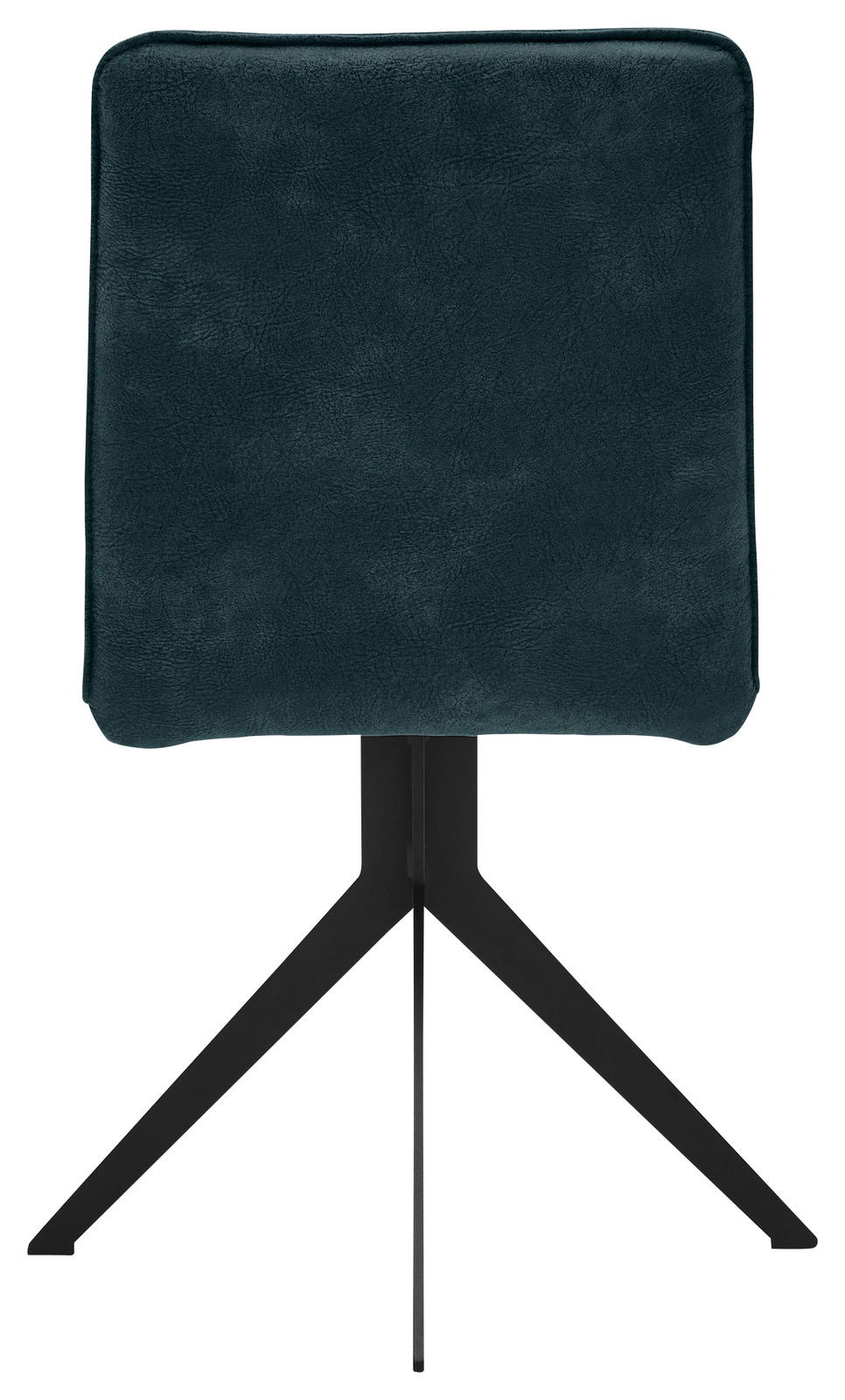 Rückansicht eines modernen Stuhls mit schwarzem Metallgestell und dunkelgrünem Polster.