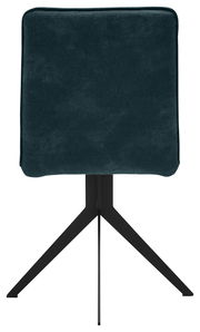 Rückansicht eines modernen Stuhls mit schwarzem Metallgestell und dunkelgrünem Polster.