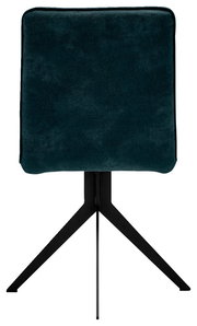 Rückansicht eines modernen Stuhls mit schwarzem Metallgestell und dunkelgrünem Polster.