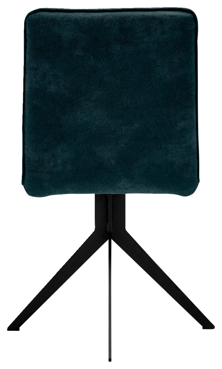 Rückansicht eines modernen Stuhls mit schwarzem Metallgestell und dunkelgrünem Polster.