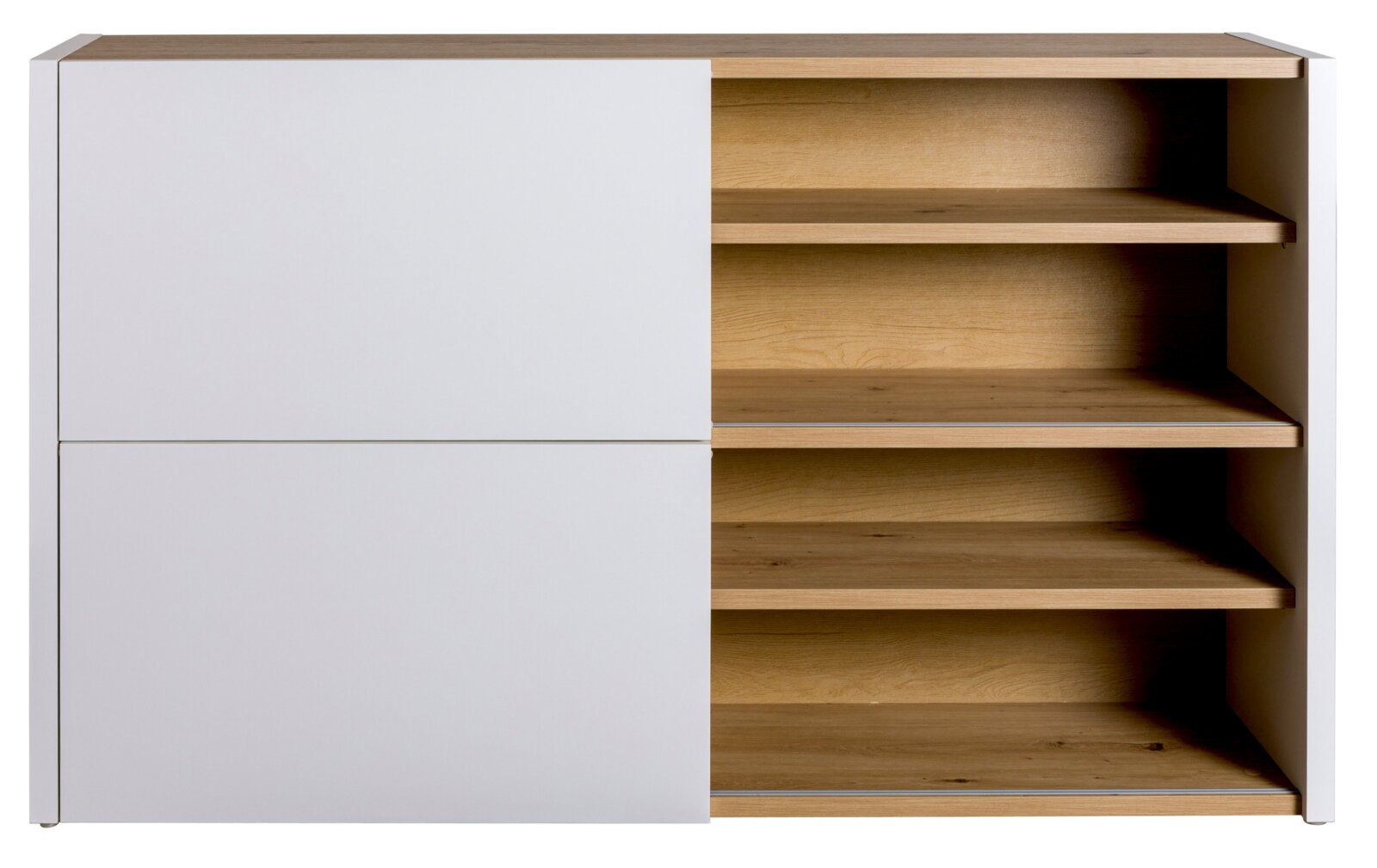 Modern dressoir met witte voorkant en open houten planken, vooraanzicht