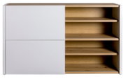 Modern dressoir met witte voorkant en open houten planken, vooraanzicht