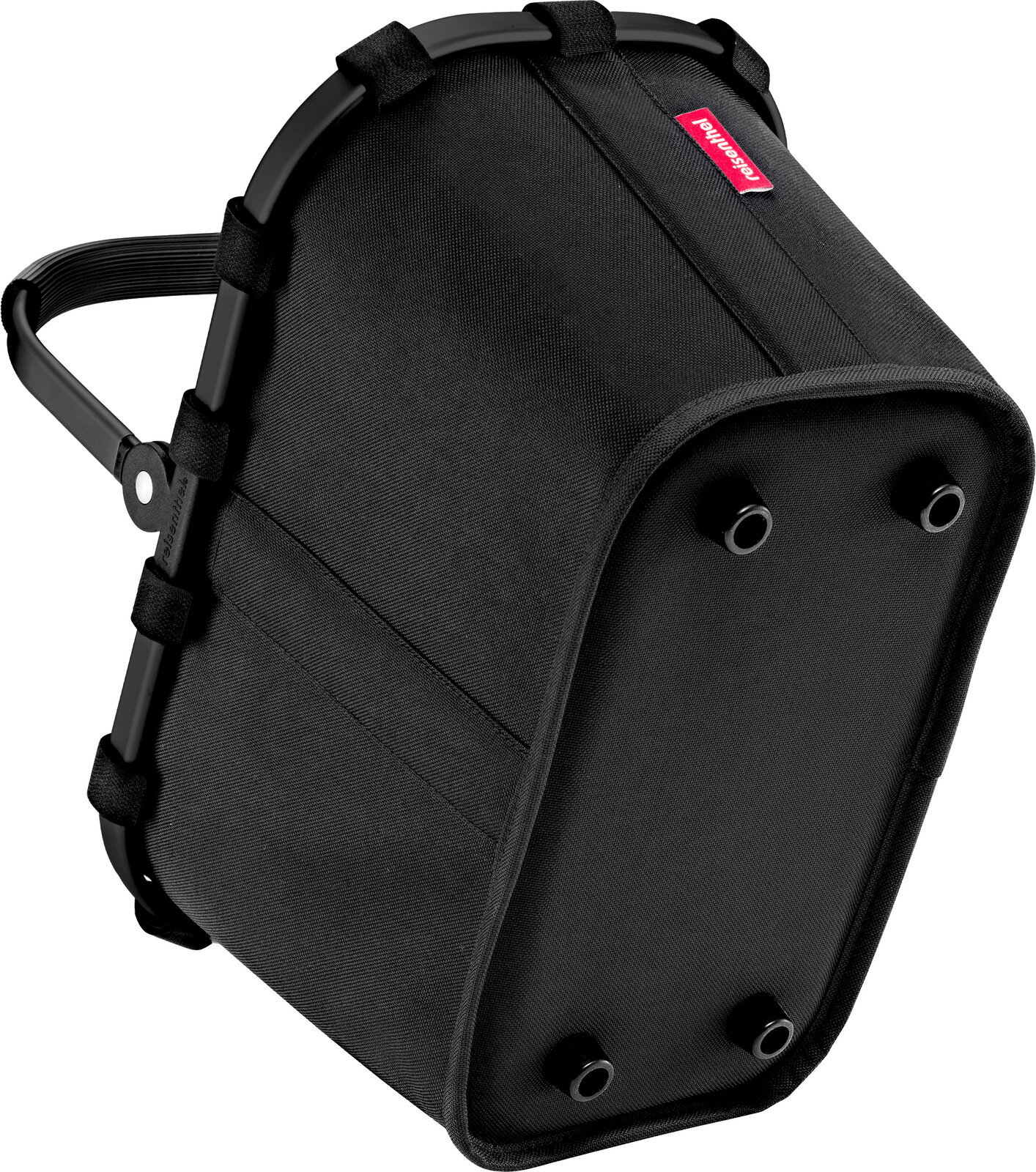 Schwarze Reisenthel-Tasche mit stabilem Rahmen und Tragegriff, Ansicht schräg von unten auf die Unterseite mit vier Standfüßen