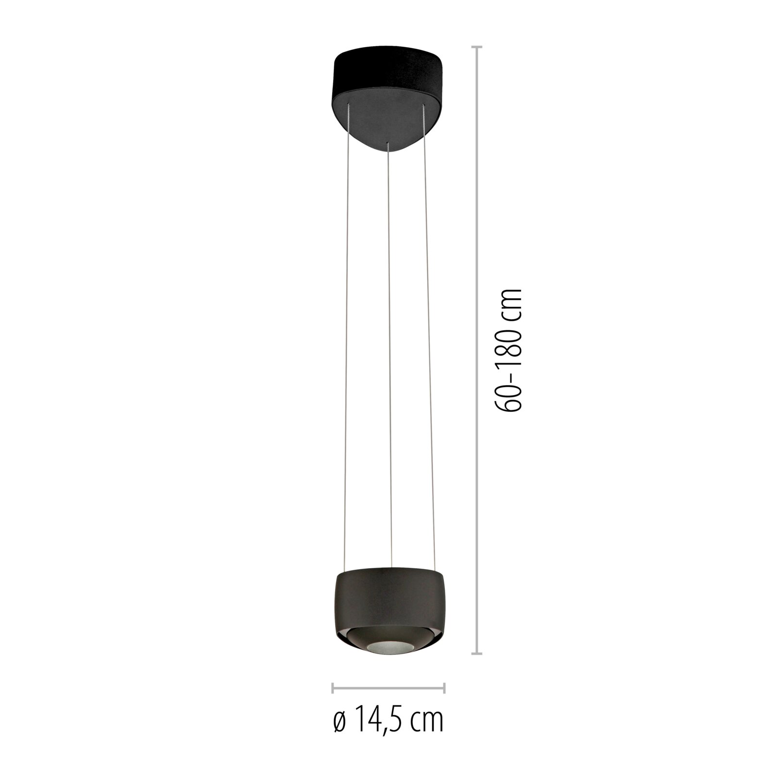Schwarze zylindrische Pendelleuchte mit runder Deckenhalterung und drei Abhängeseilen, Maße: Höhe 60–180 cm, Durchmesser 14,5 cm, Produktansicht frontal von der Seite