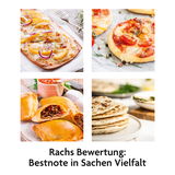 Verschiedene Pizzen und Teigwaren aus der Vogelperspektive, zubereitet mit einem Pizza Maker 1800 Watt.