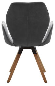 Rückansicht eines modernen Armlehnenstuhls mit dunkler Polsterung und Holzbeinen.