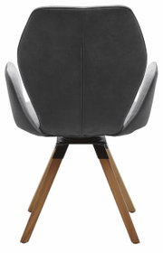 Achterkant van een moderne fauteuil met donkere bekleding en houten poten.