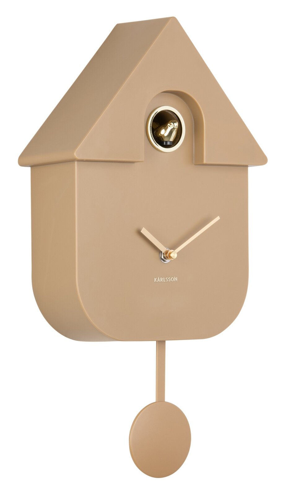 Moderne Wanduhr in Form eines Kuckuckshauses mit Pendel, beige, seitliche Perspektive