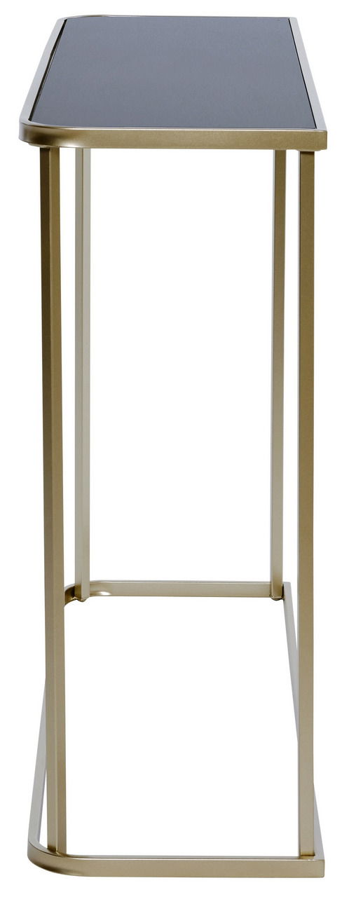 Seitliche Ansicht eines modernen Konsolentisches mit schwarzer Tischplatte und goldfarbenem Metallrahmen.