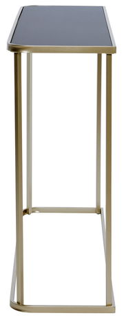 Seitliche Ansicht eines modernen Konsolentisches mit schwarzer Tischplatte und goldfarbenem Metallrahmen.