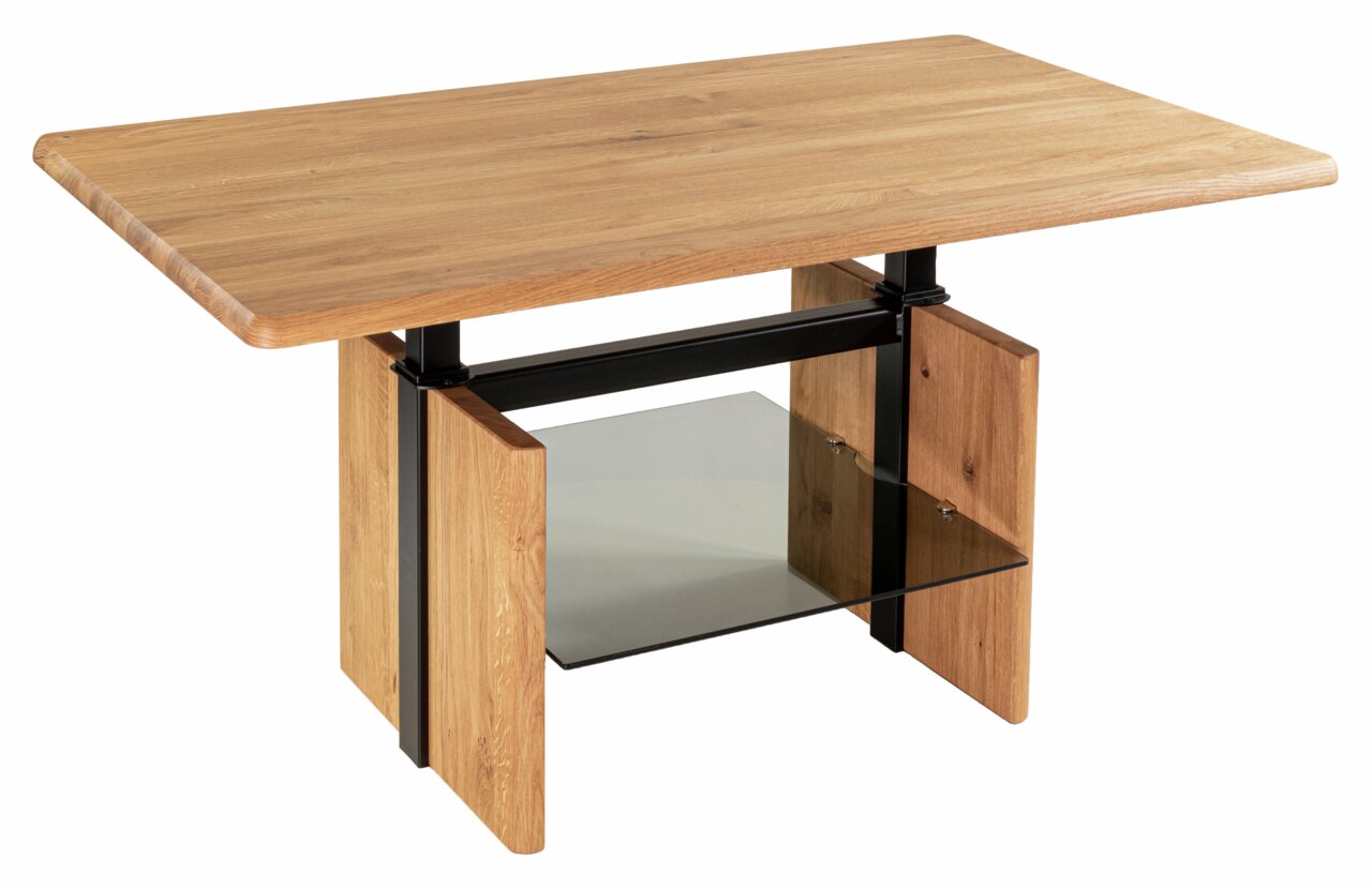 Moderner Couchtisch aus Holz mit Glasablage und schwarzem Metallrahmen, seitliche Perspektive